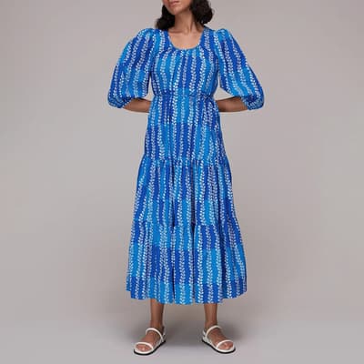 Blue Leaf Print Tiered Midi Dress