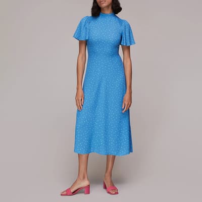 Blue Spot Print High Neck Midi Dress