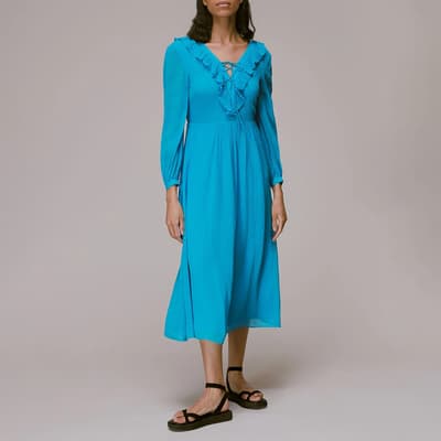 Blue Ruffle Detail Midi Dress