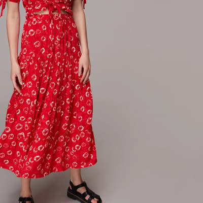 Red Floral Print Tiered Skirt