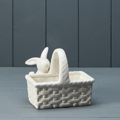 Ceramic White Basket And Rabbit