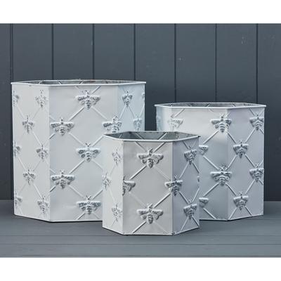 Set Of Three White Hexagonal Zinc Bee Planters