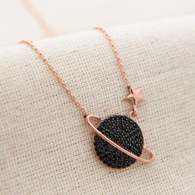 Rose Gold/Black Planet And Star Pendant Necklace