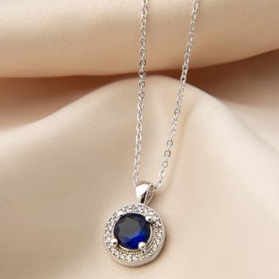 Silver/ Sapphire Blue Round Pendant Necklace