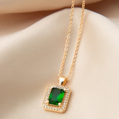 Yellow Gold/Emerald Green Square Cut Pendant Necklace