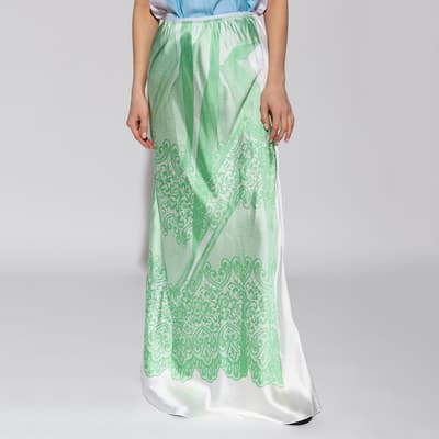 Green Lace Print Silk Maxi Slip Skirt
