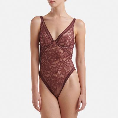 Burgundy Nets & Roses Plunge Bodysuit