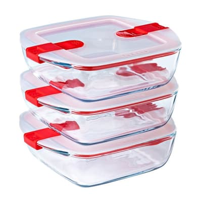 Set of 3 Cook & Heat Square Glass Food Containers with Airtight Lid for Microwaves, 1L