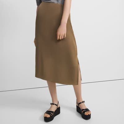 Khaki Double Slit Silk Midi Skirt