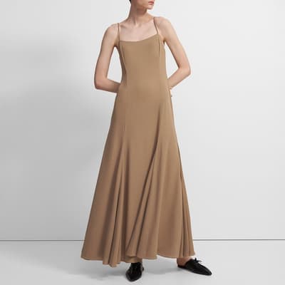 Camel Strappy Godet Maxi Dress