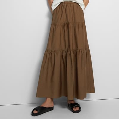 Khaki Tiered Cotton Blend Maxi Skirt