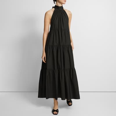 Black Tiered Cotton Blend Maxi Dress