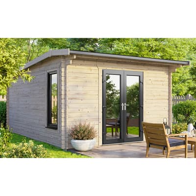 SAVE £850  12x14 Power Apex Log Cabin, Central Double Doors - 44mm