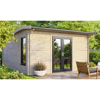 SAVE £905  14x14 Power Apex Log Cabin, Central Double Doors - 44mm