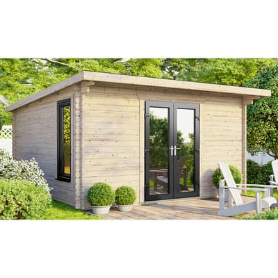 SAVE £1140  14x12 Power Pent Log Cabin, Central Double Doors - 44mm