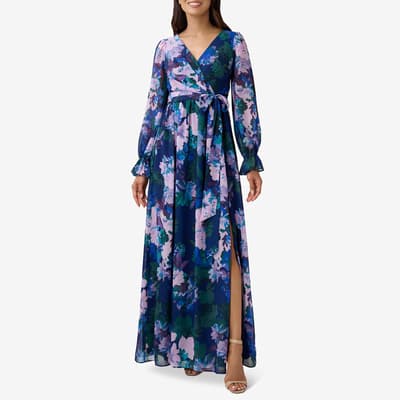 Navy Floral Print Wrap Gown