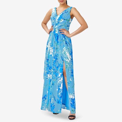 Blue Sleeveless Floral Print Gown