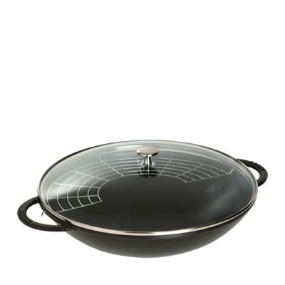 Black Round Wok with Glass Lid, 37cm