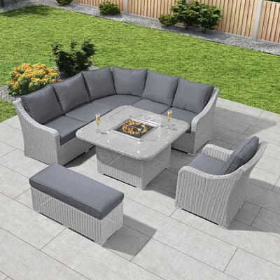 Harper Deluxe Corner Dining Set with Fire Pit Table, White Wash