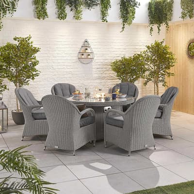Leeanna 6 Seat Dining Set with Fire Pit - 1.5m Round Table - White Wash