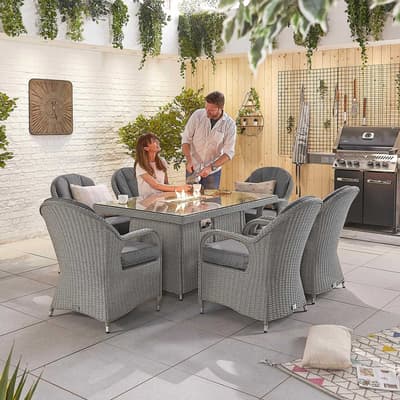 Leeanna 6 Seat Dining Set with Fire Pit, 1.5m x 1m Rectangular Table, White Wash