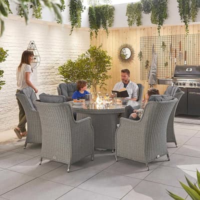 Thalia 6 Seat Dining Set with Fire Pit 1.5m Round Table, White Wash