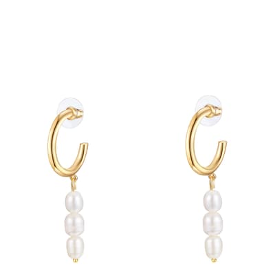 Gold Freshwater Cultured Three Pearl Hoop Drop Earrings