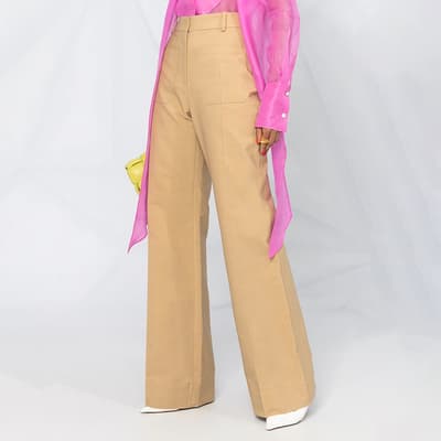 Taupe Cotton Blend High Waisted 70'S Trousers