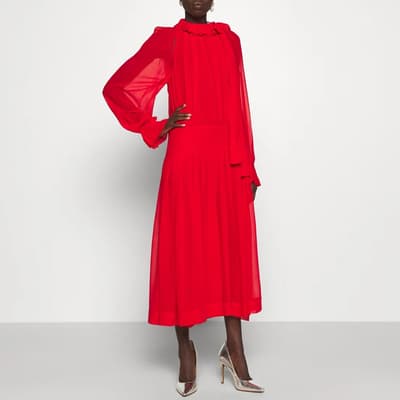 Red Silk Draped Midi Dress