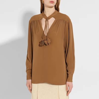 Camel Lace Up Stand Collar Deep V Top