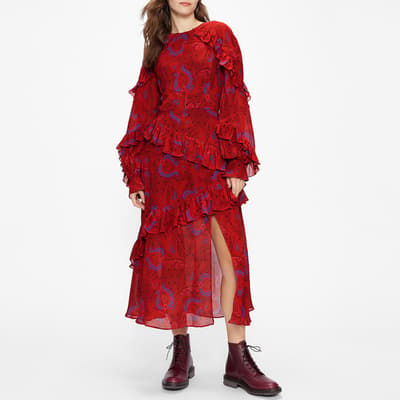 Red Enrqeta Frilled Printed Dress