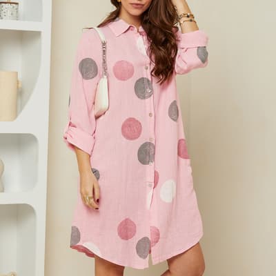 Pink Printed Button Through Linen Mini Dress