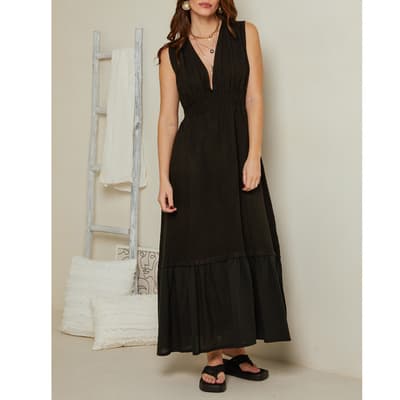 Black V Neck Linen Maxi Dress
