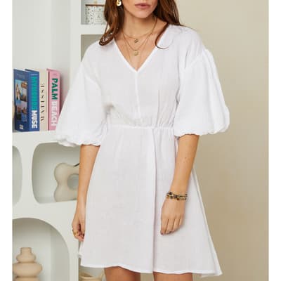White Puff Sleeve Linen Mini Dress