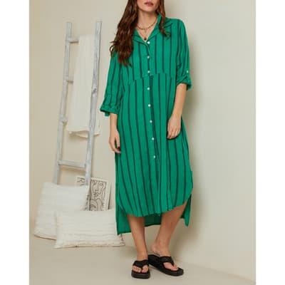 Green Stripe Drop Hem Linen Dress