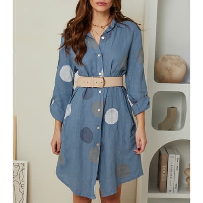 Blue Printed Button Through Linen Mini Dress