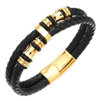 18K Gold Black Leather Bracelet