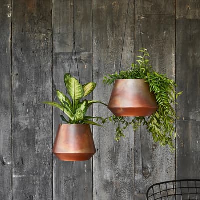Indoor Soho Aged Copper Hanging Planter with Leather Strap