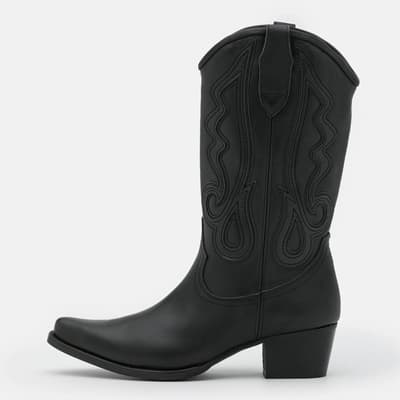 Black Leather Folk Ankle Boots