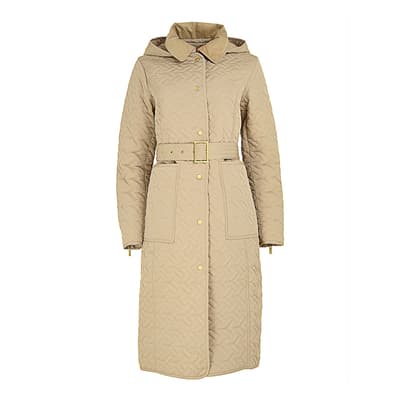 Camel Light Brown Longline Quilted Hooded Coat