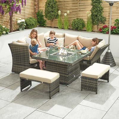 Cambridge Compact Rattan Corner Dining Set with Firepit & Reclining Sides, Brown