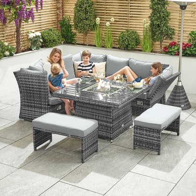 Cambridge Compact Rattan Corner Dining Set with Firepit & Reclining Sides, Grey