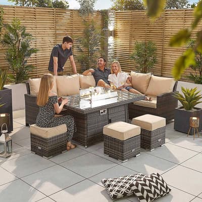 Cambridge Corner Dining Set with Fire Pit Table - Right Hand - Brown