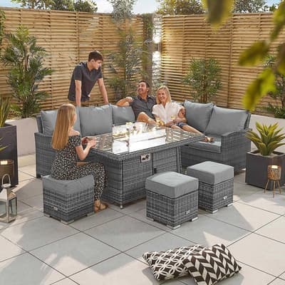 Cambridge Corner Dining Set with Fire Pit Table - Right Hand - Grey