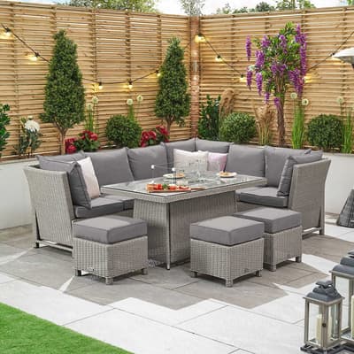 Ciara Corner Dining Set with Firepit & Reclining Sides - Right Hand - White Wash