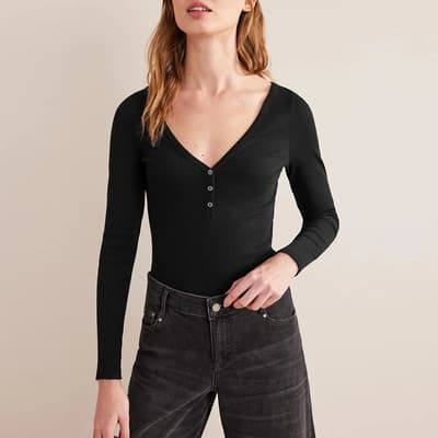Black Henley Ribbed Top