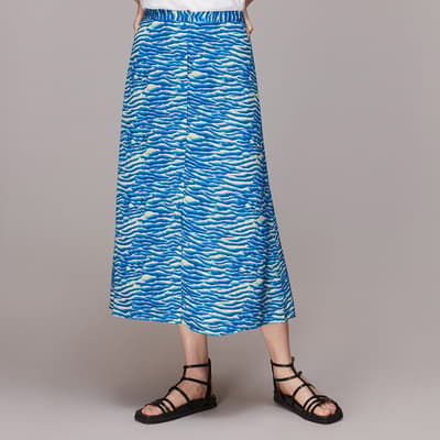 Blue Printed Button Front Mid Skirt