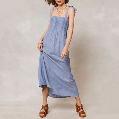 Blue Linen Blend Midi Dress