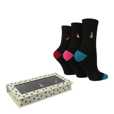 Black 3 Pack Christmas Icons Classic Gixt Box Socks