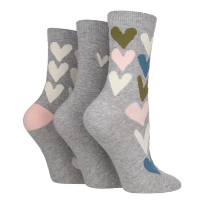 Grey 3 Pack Filled Heart Socks